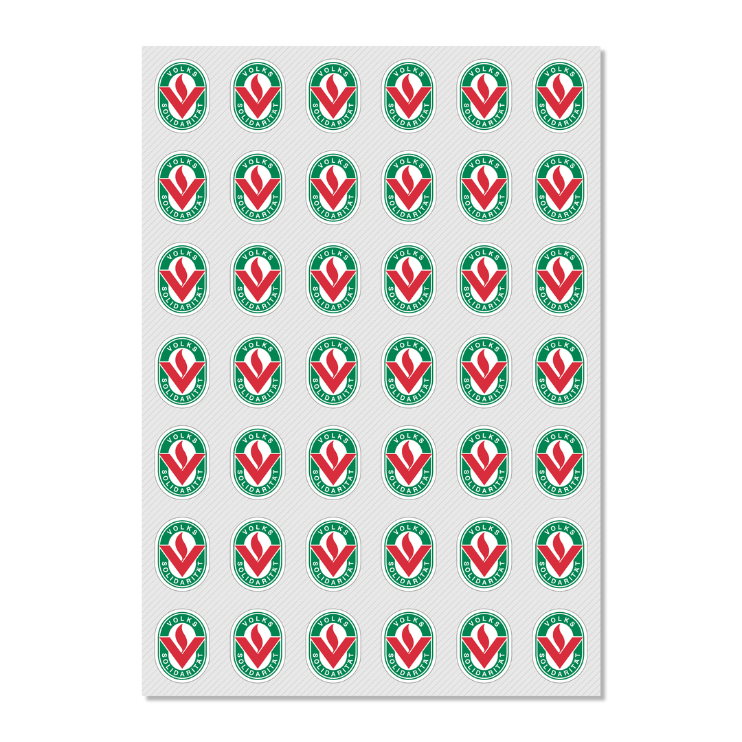 Stickerbogen mit dem ovalen Emblem der Volkssolidarität