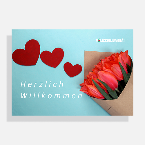 Postkarte "Herzlich Willkommen" mit roten Blumen